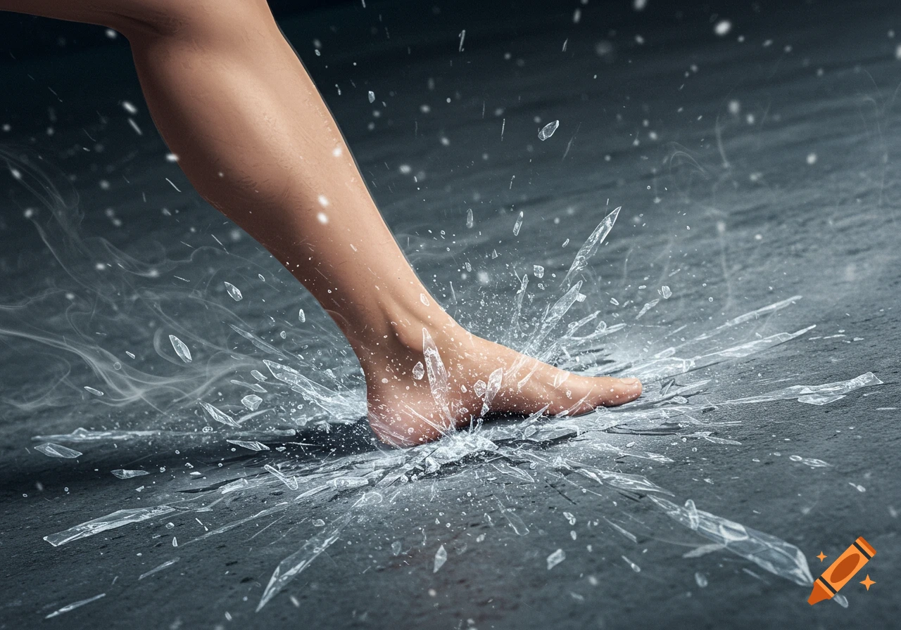 A bare leg and foot descend onto a dark surface, shattering ice into sharp, clear fragments and mist.
