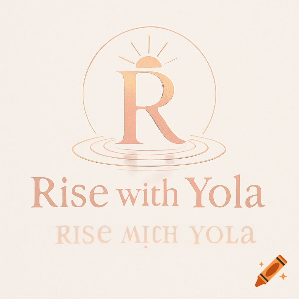 A cream-colored logo with an embossed, shiny copper-colored 'R' inside a circle with a sunburst at the top and water ripples at the bottom. Below it, the words 'Rise with Yola' appear in the same style, with a distorted reflective version underneath.