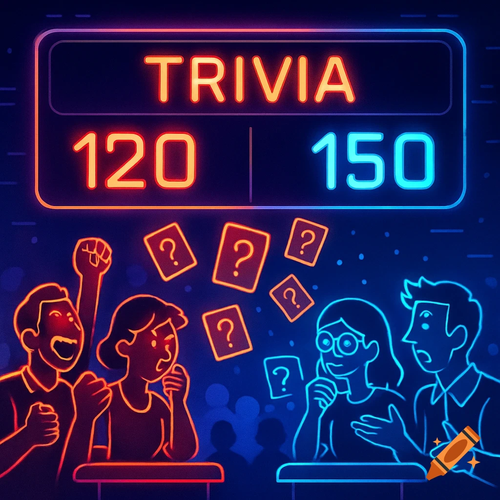 Neon illustration of two teams playing a trivia game, with a scoreboard displaying 'TRIVIA' and scores 120 and 150.