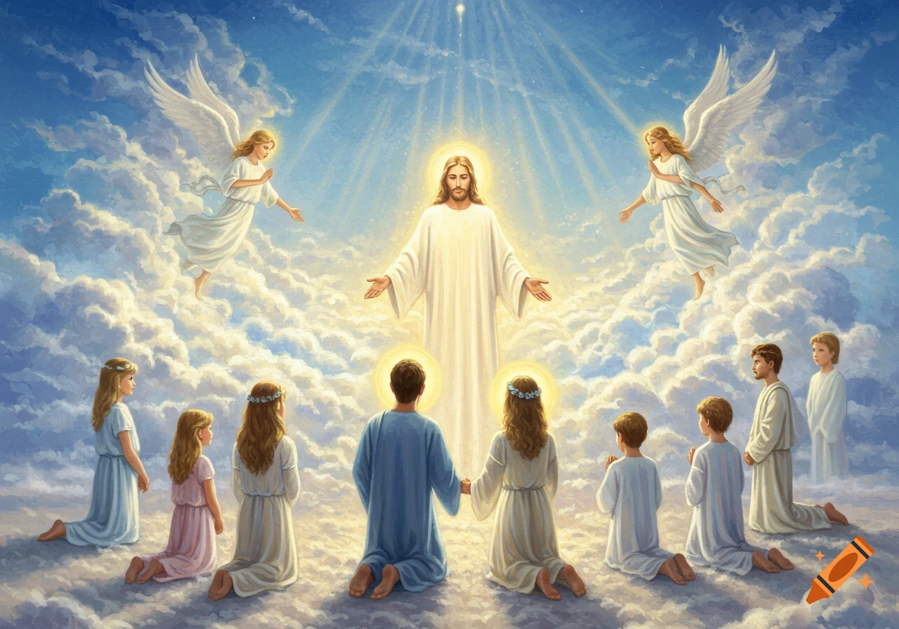 Jesus stands in heaven with open arms, surrounded by angels and people kneeling on clouds under bright light.