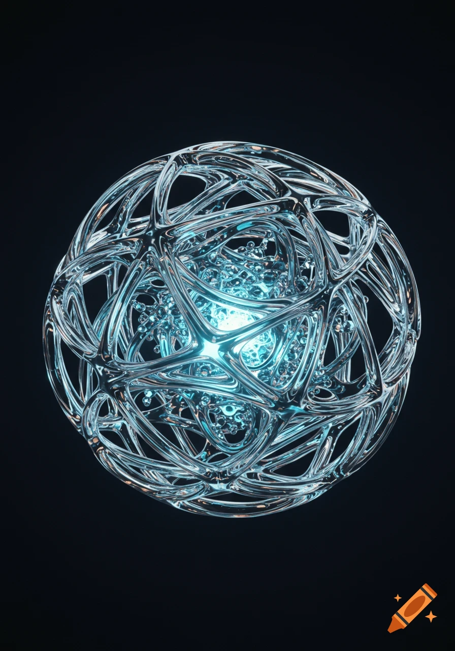 A detailed, glowing, transparent spherical structure made of intricate glass-like filaments against a dark background.