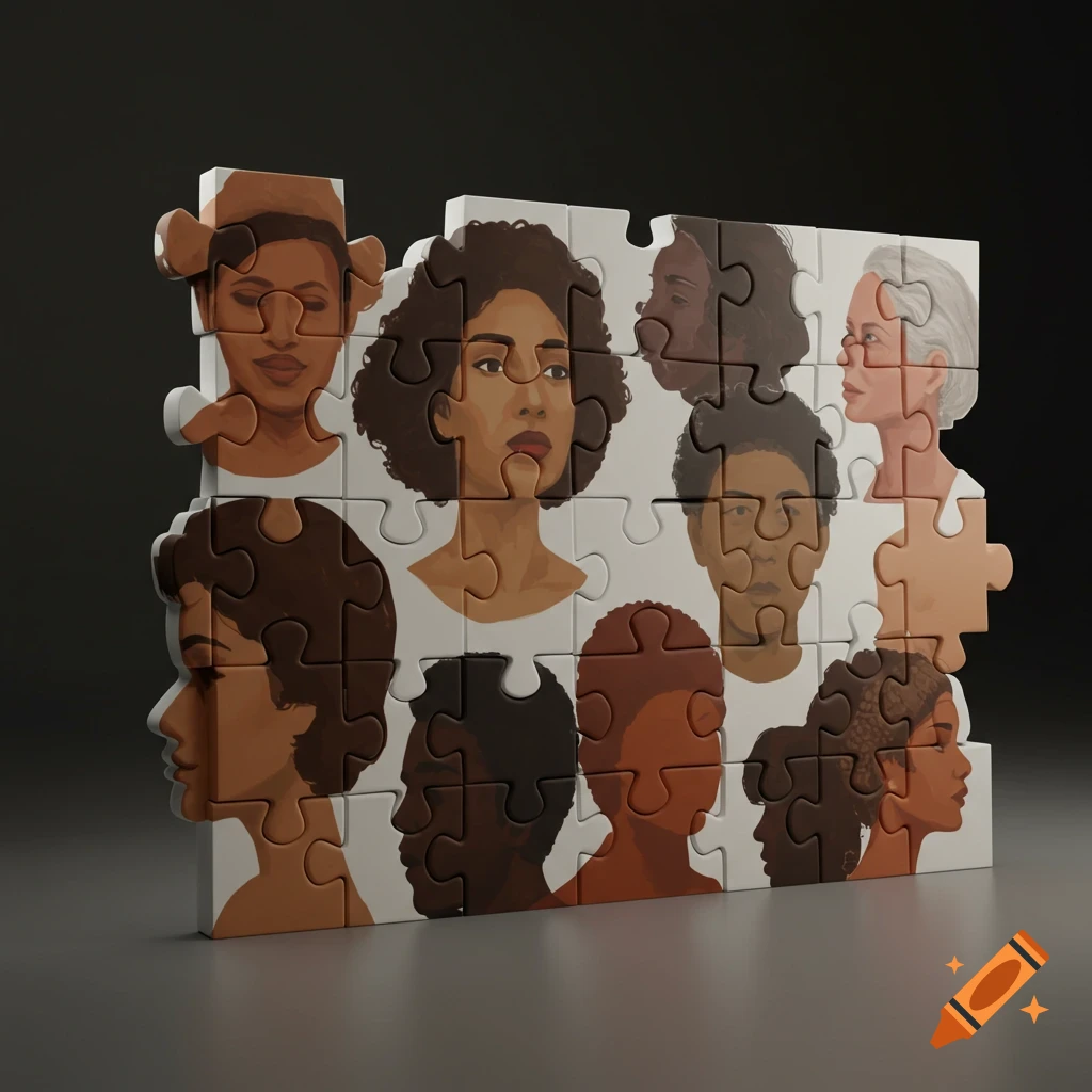A 3D puzzle with interlocking pieces forming diverse faces and silhouettes, symbolizing unity.