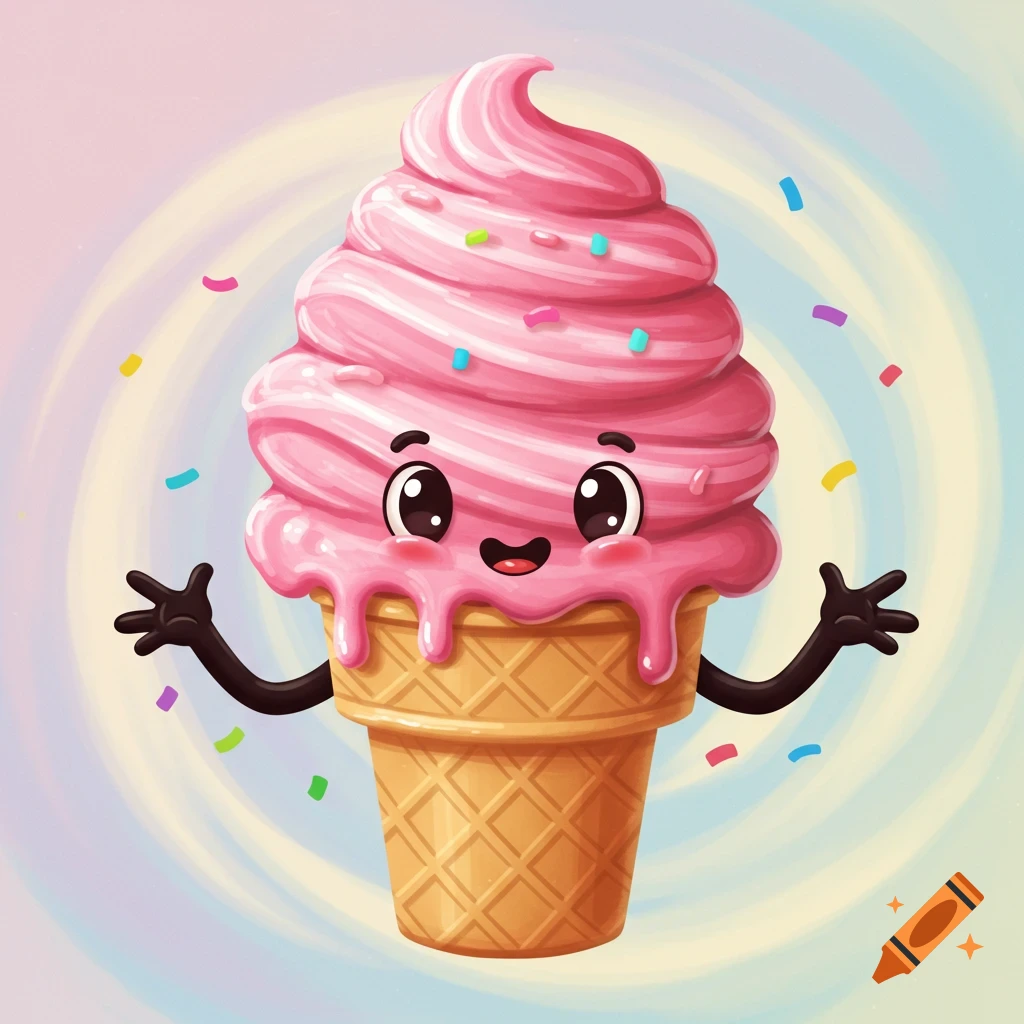 A cute, smiling pink ice cream cone character with black cartoon arms and colorful sprinkles on a swirly pastel background.