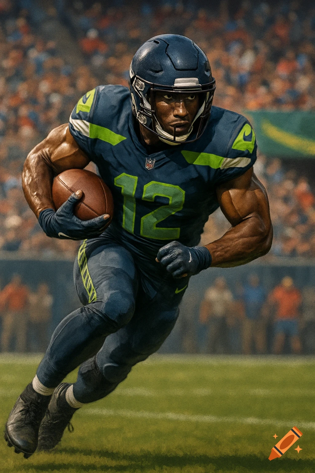 A muscular football player in a teal and lime green uniform with number 12, running with the ball on a stadium field.