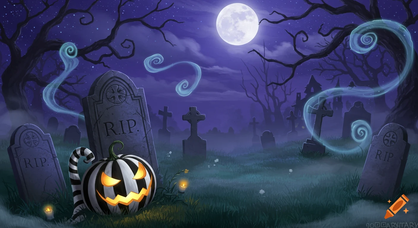 Spooky Halloween graveyard at night under a full moon with glowing jack-o'-lanterns, tombstones, bare trees, and swirling blue wisps in a cartoonish style.