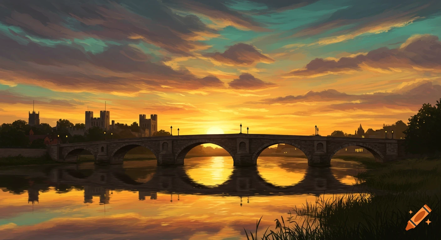A stone bridge over a river with a castle in the background, all bathed in the warm glow of a vibrant sunset.