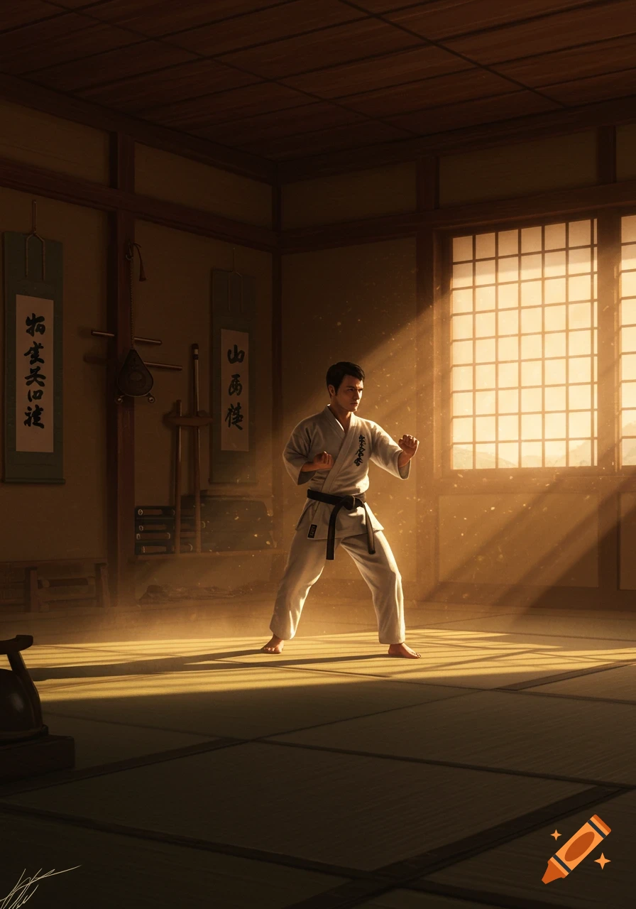 A man in a white karate gi and black belt practices in a sunlit dojo, with Japanese scrolls on the wall.