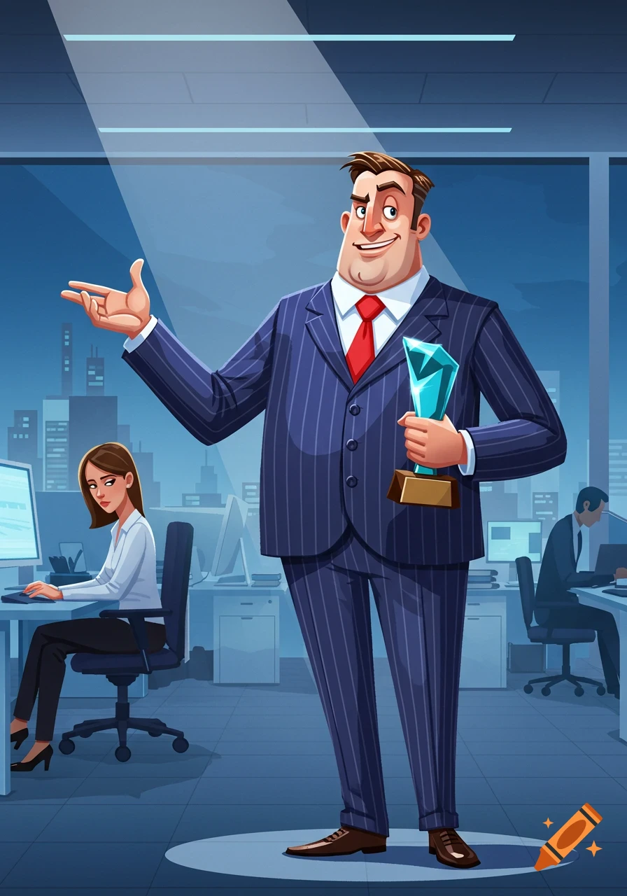 Cartoon of a businessman holding a trophy and bragging in an office, with an unimpressed female coworker at her computer.