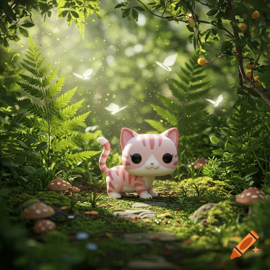 A cute pink and white striped Funko Pop cat stands on a mossy forest path with mushrooms and glowing butterflies, sun rays filtering through trees.
