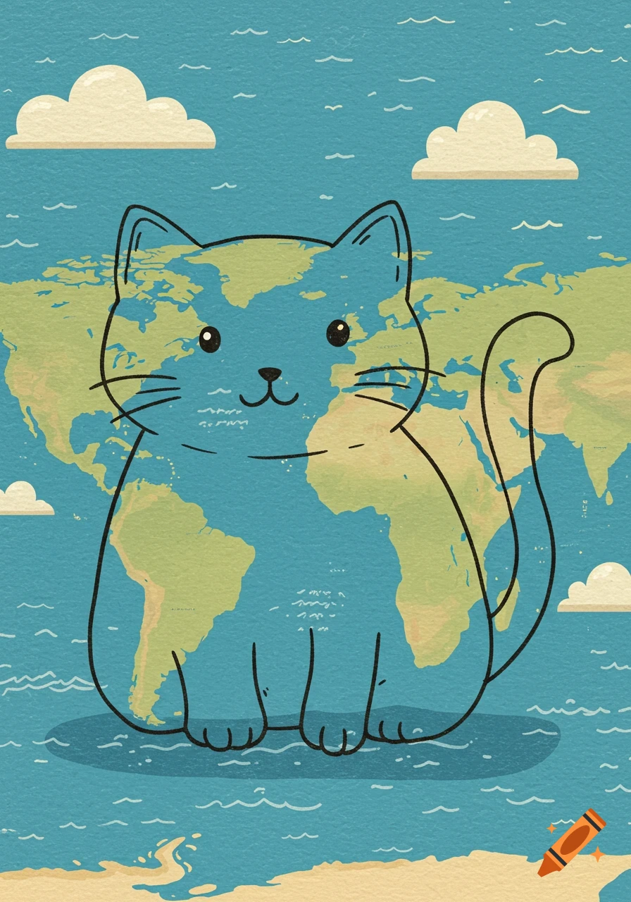 A stylized cartoon cat, with its body shaped like a world map featuring green landmasses and blue oceans, floats on a light blue sea with white clouds.