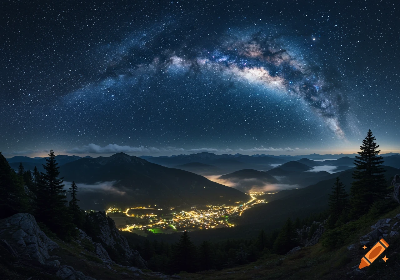 Photorealistic night landscape showing the Milky Way above mountains and a glowing town in a valley.