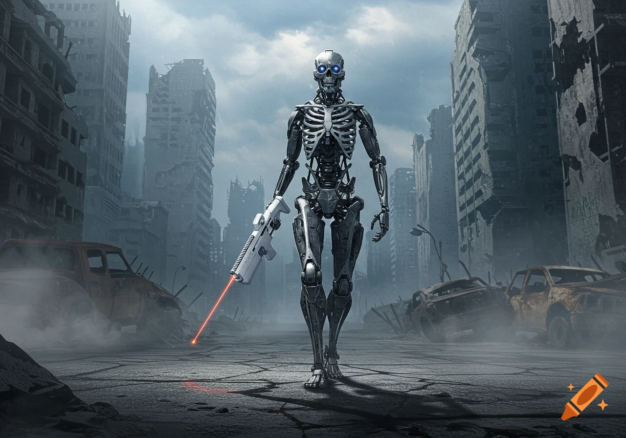 A photorealistic robot skeleton holding a white laser-rifle walks through a smoky, ruined city.
