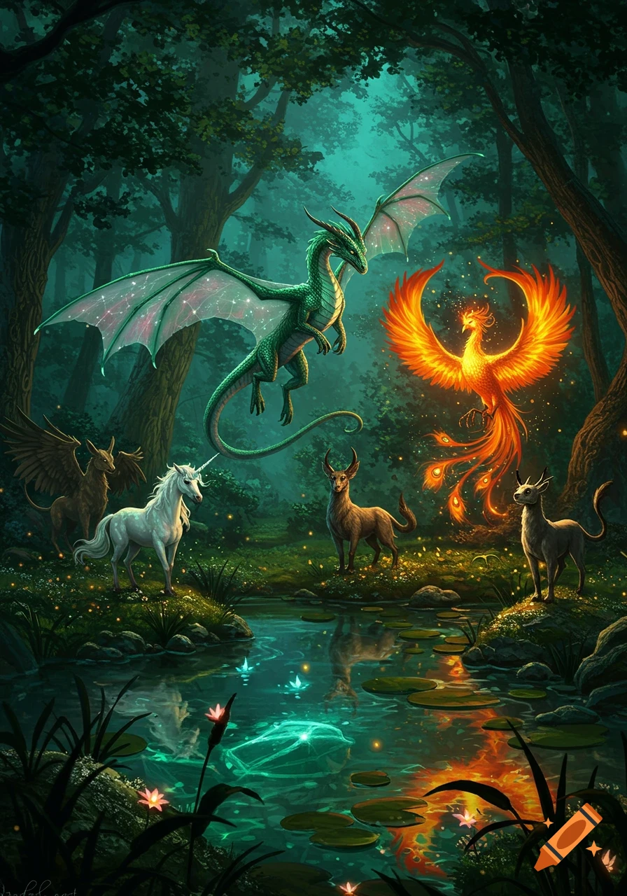A vibrant fantasy illustration of a green dragon, fiery phoenix, unicorn, griffin, and deer-like creatures in a glowing forest pond.
