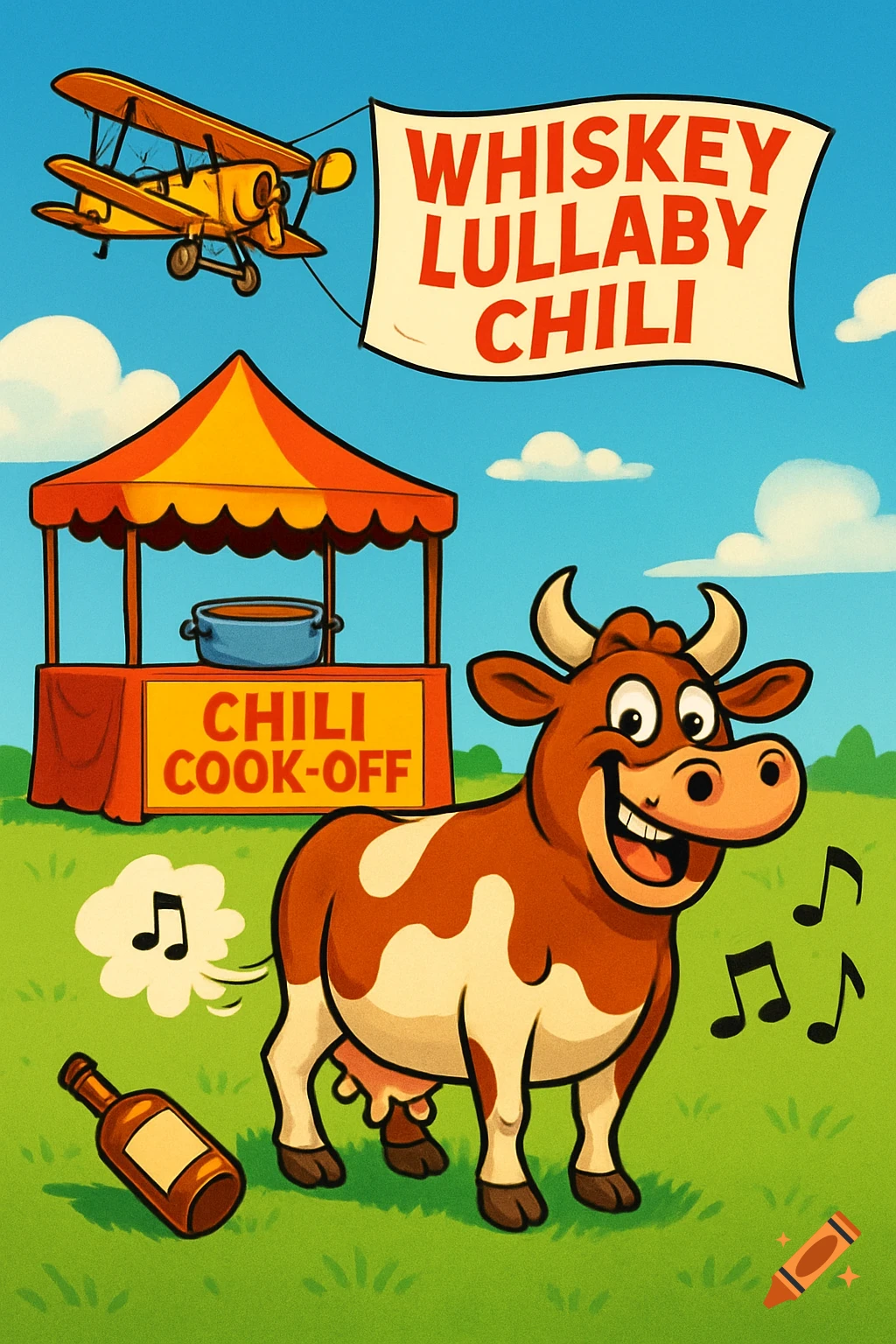 Humorous cartoon of a happy cow farting musical notes at a chili cook-off booth, with an empty whiskey bottle and a biplane pulling a 'Whiskey Lullaby Chili' banner.