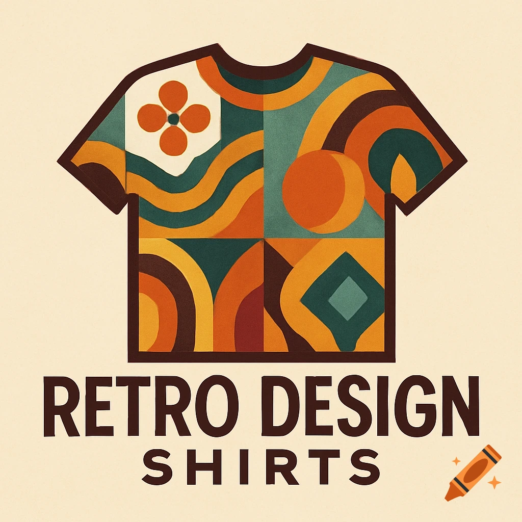 A graphic logo for Retro Design Shirts featuring a t-shirt with a geometric retro pattern in orange, brown, and teal above the company name.