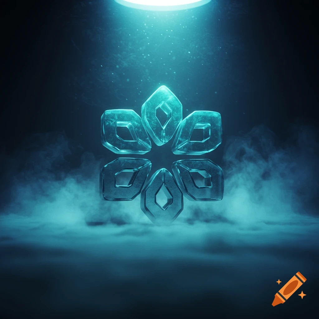 A glowing, icy blue crystal emblem resembling a snowflake or star, emerging from mist under a spotlight on a dark background. 3D render.