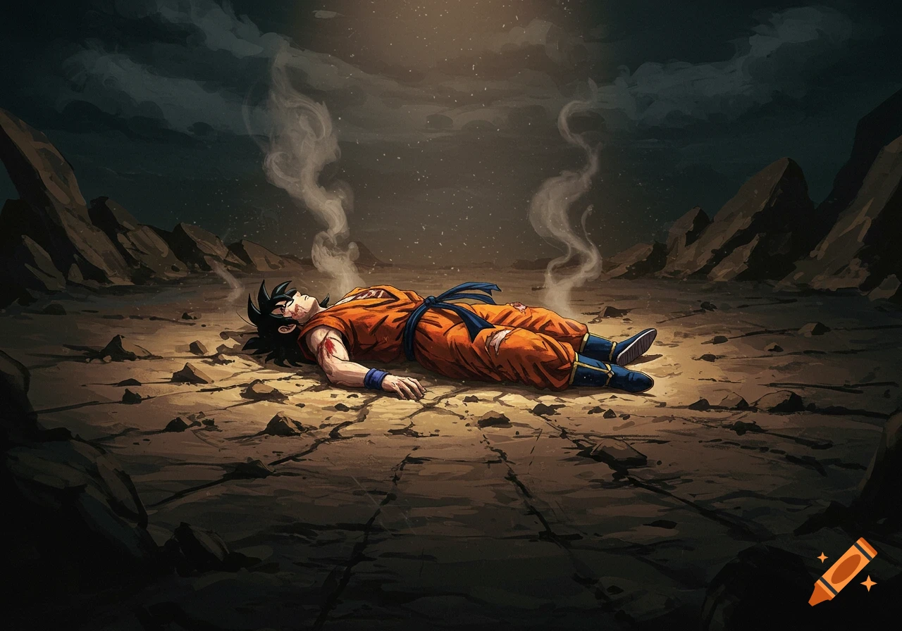 An anime character resembling Goku lies defeated and injured on a barren, rocky landscape under a dark sky.