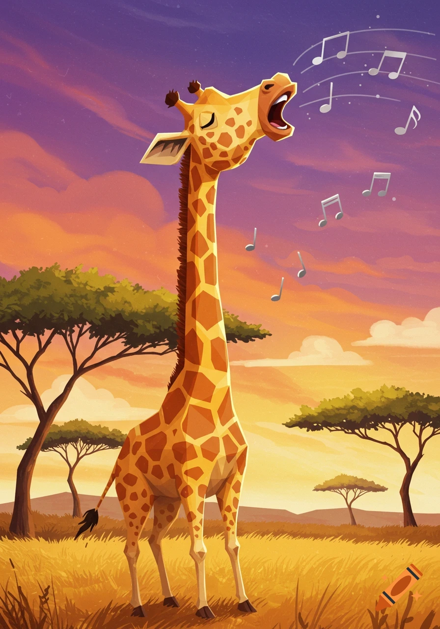 A stylized cartoon giraffe with a long neck stands in a savannah at sunset, singing with musical notes floating around its open mouth.