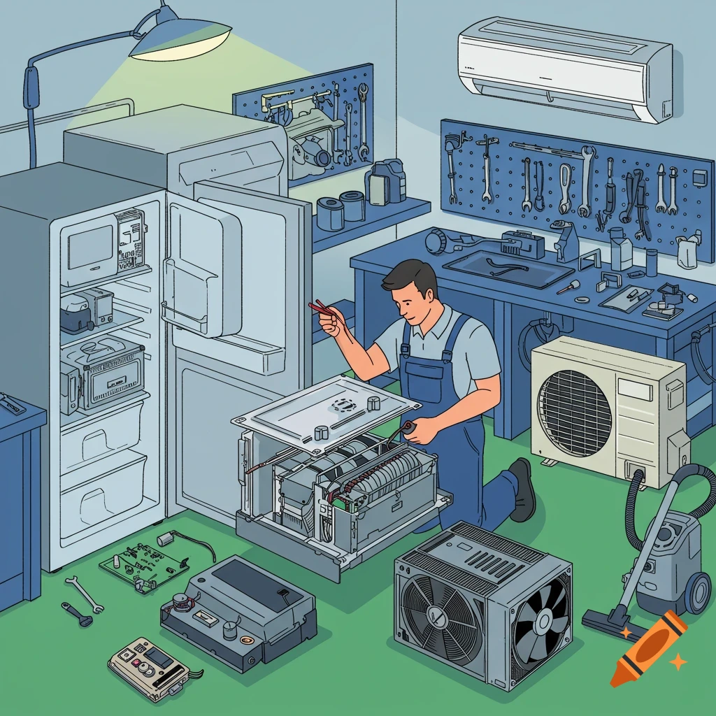 An isometric illustration of a man repairing a washing machine in a workshop filled with various home appliances like a refrigerator, air conditioner, and vacuum cleaner.
