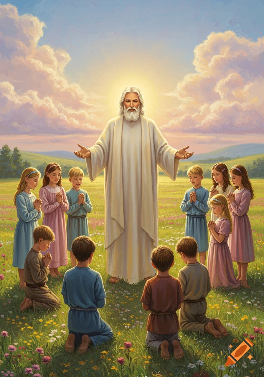 A serene painting of a Jesus-like figure with open arms, surrounded by children kneeling and praying in a sunlit meadow.