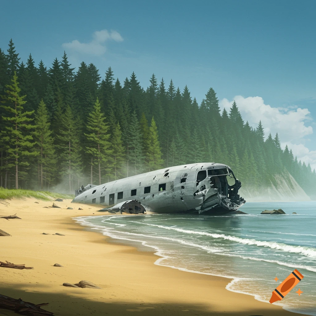 A crashed plane lies half-submerged on a sandy beach next to a dense pine tree forest under a clear blue sky.