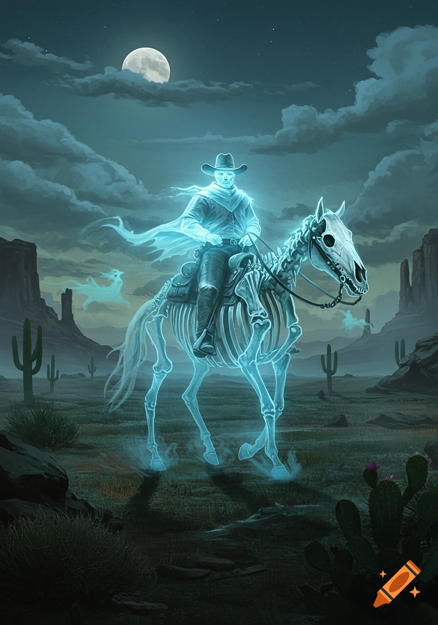 A glowing blue ghost cowboy rides a skeletal horse through a moonlit desert with cacti and rock formations.