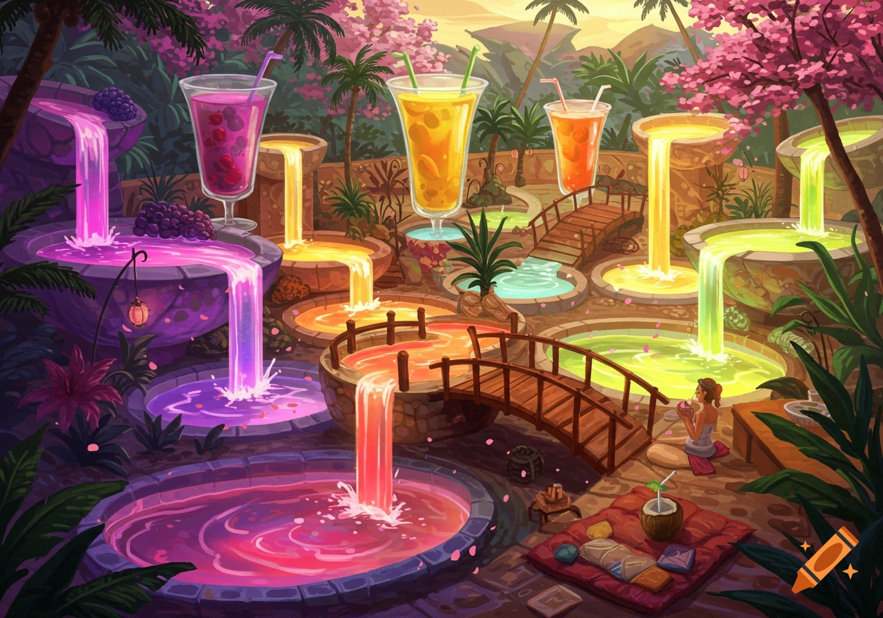 Lush tropical fruit juice spa with tiered pools, bridges, waterfalls, and a person relaxing.