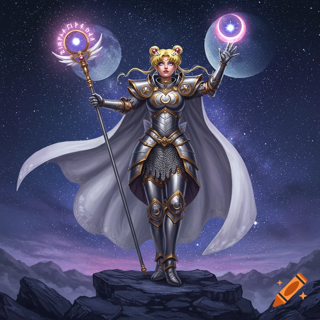 A blonde woman resembling Sailor Moon, dressed in ornate silver and gold plate and chainmail armor, stands on rocks beneath a starry night sky with two moons. She holds a glowing staff and a magical orb.