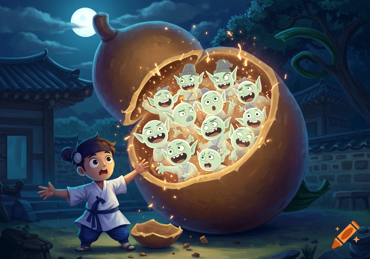 A surprised child in traditional Korean clothes watches green goblins emerge from a broken glowing gourd at night, under a full moon.