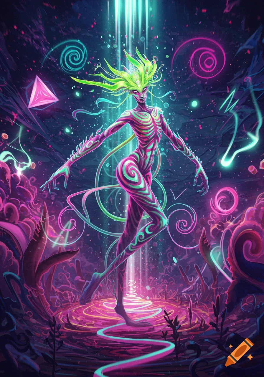 A vibrant, neon psychedelic fantasy creature stands in an otherworldly landscape with glowing swirls.