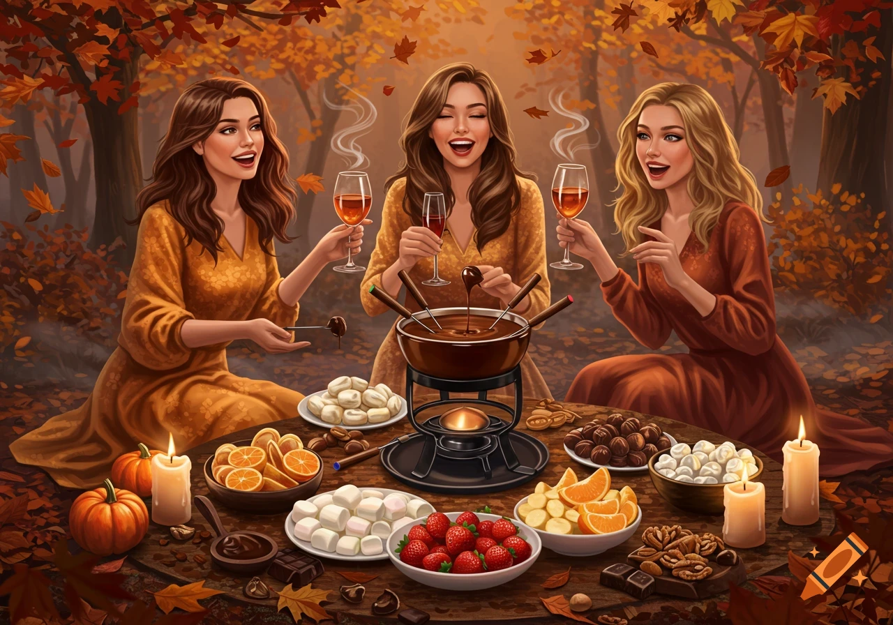 Three women in autumn dresses enjoy chocolate fondue and wine in a cozy forest setting with fall leaves and candles.