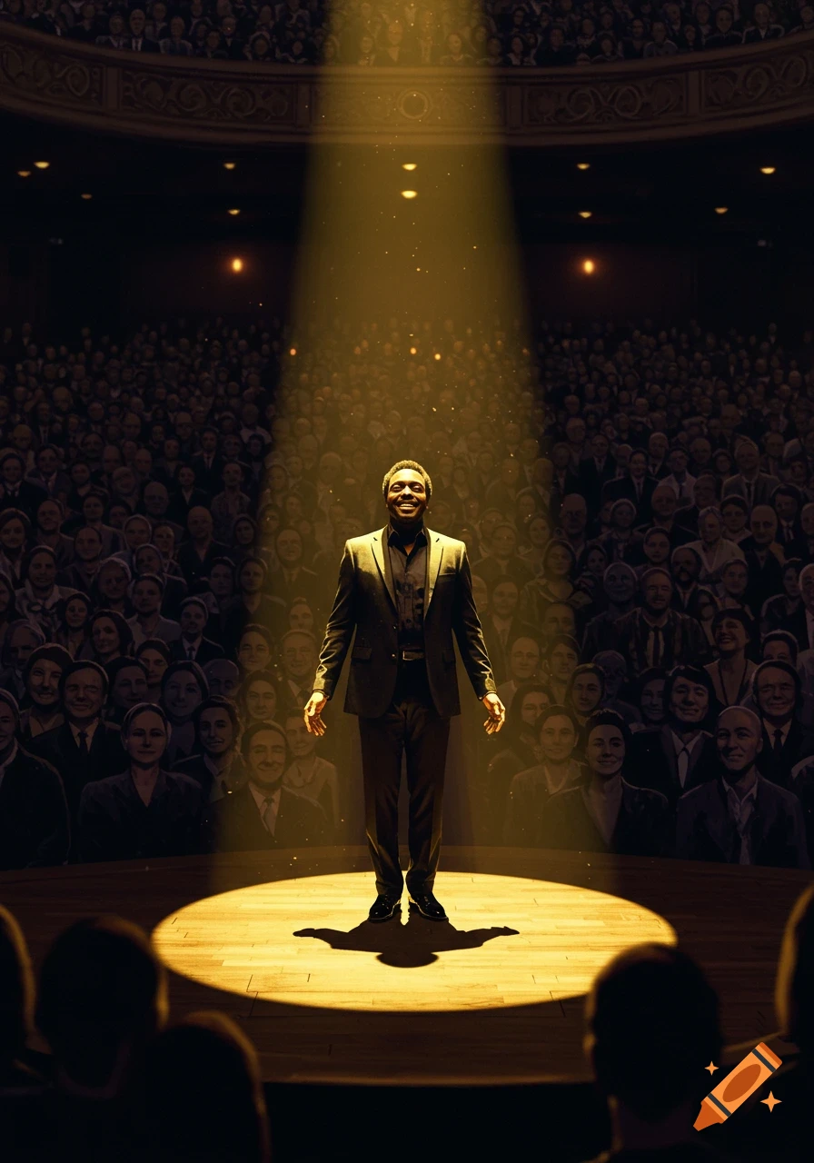 A smiling man stands on a wooden stage under a bright spotlight, facing a vast, silhouetted audience in a dark theater.