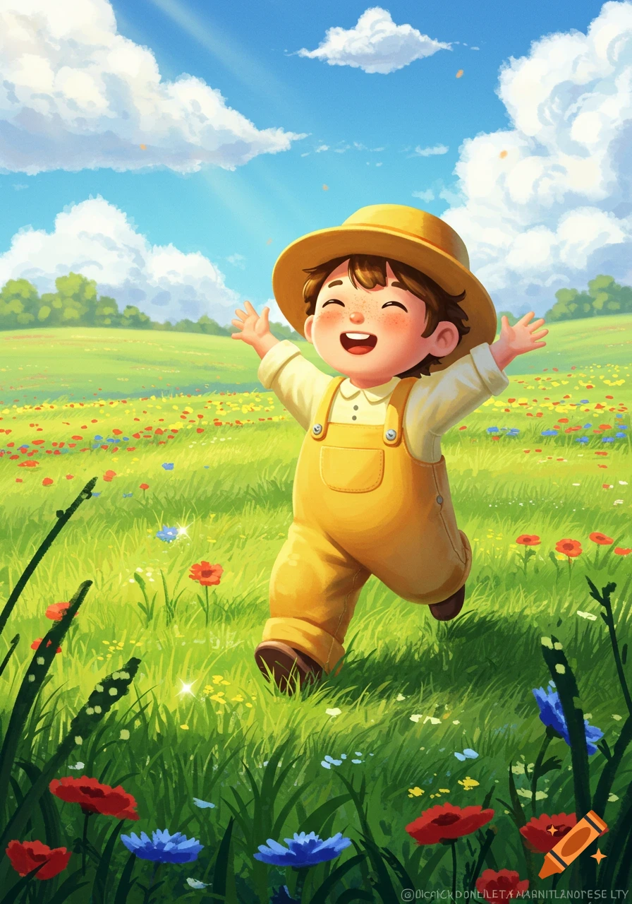 Joyful cartoon child in a yellow hat and overalls runs with open arms through a vibrant field of colorful wildflowers under a sunny blue sky.