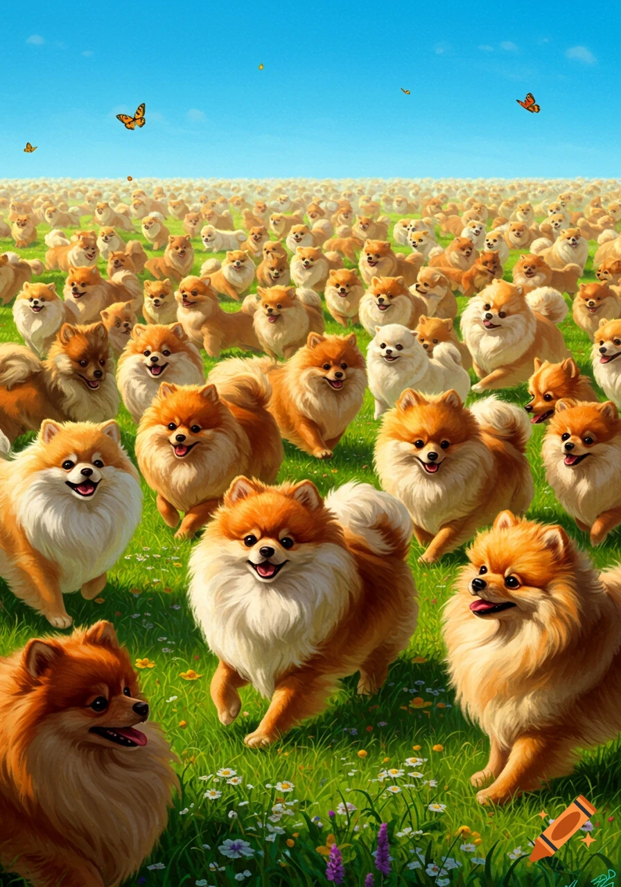 A vibrant illustration of many fluffy orange and white Pomeranian dogs running in a green field under a clear blue sky, with butterflies.