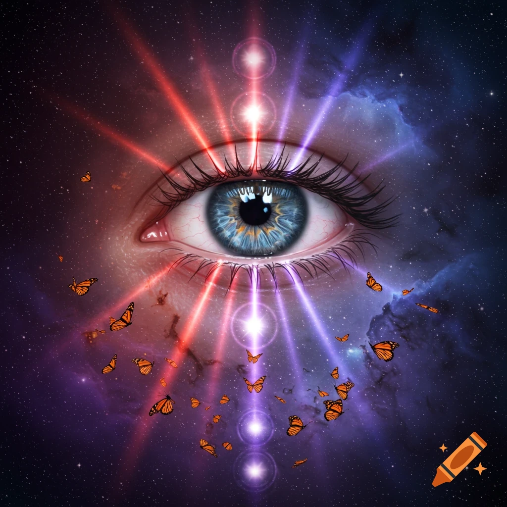 A detailed blue eye with red and violet chakra energy beams radiating below it, surrounded by orange monarch butterflies, against a starry purple nebula background. Mystical digital art.