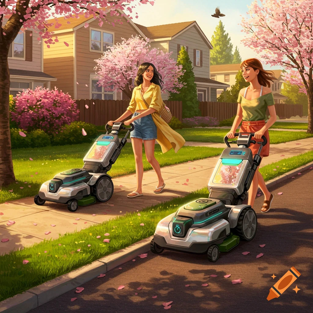 Two smiling women walk robotic lawn mowers on a suburban street with cherry blossoms, vibrant illustration.