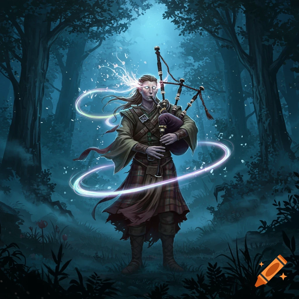 A fantasy figure with glowing eyes and long hair plays magical bagpipes in a dark, mystical forest.