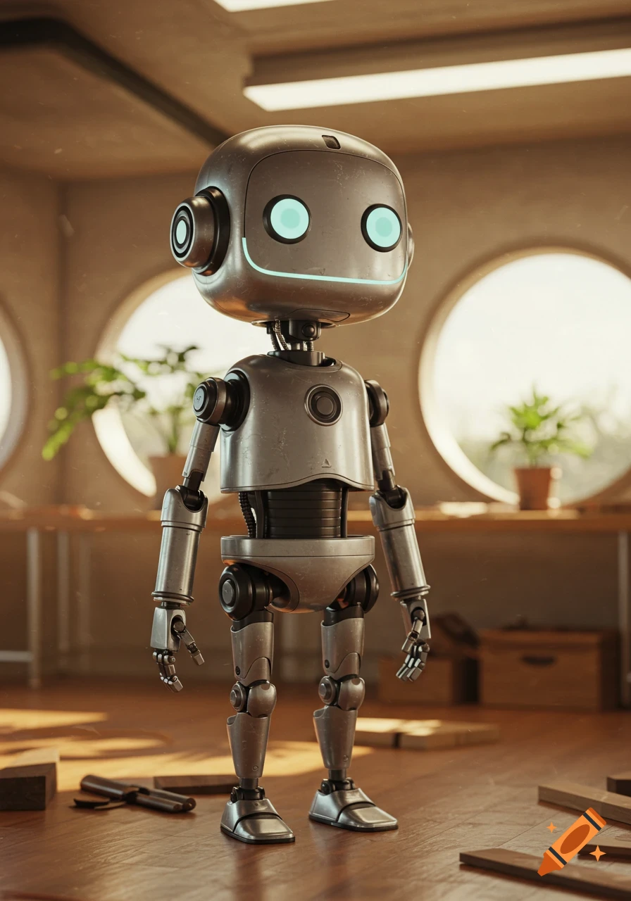 A shiny metallic, simplistic robot character with glowing blue eyes and a smile stands in a bright, modern workshop.