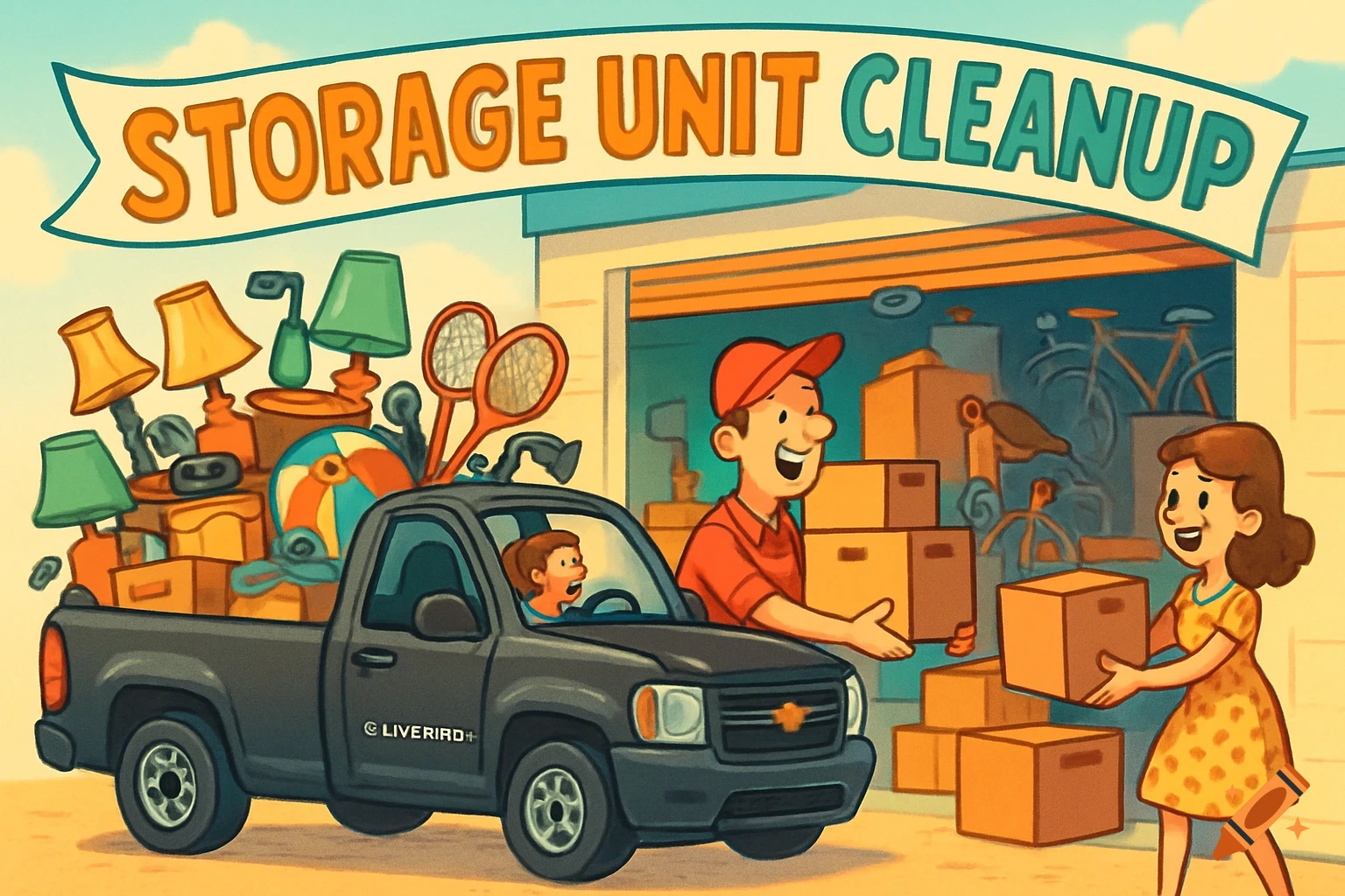 A cartoon man and woman load boxes from a storage unit into the back of a black pickup truck overflowing with household items, under a banner reading "Storage Unit Cleanup."