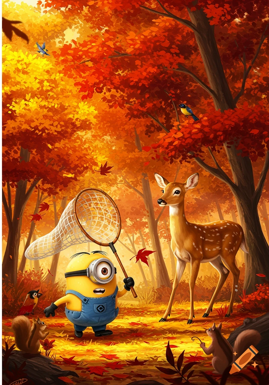 A cartoon Minion with a butterfly net stands in a vibrant autumn forest with a deer, squirrels, and birds.