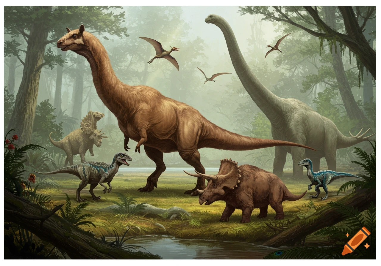 A group of dinosaurs with mammalian features, including a long-necked brachiosaur, raptors, and triceratops, in a lush prehistoric forest.