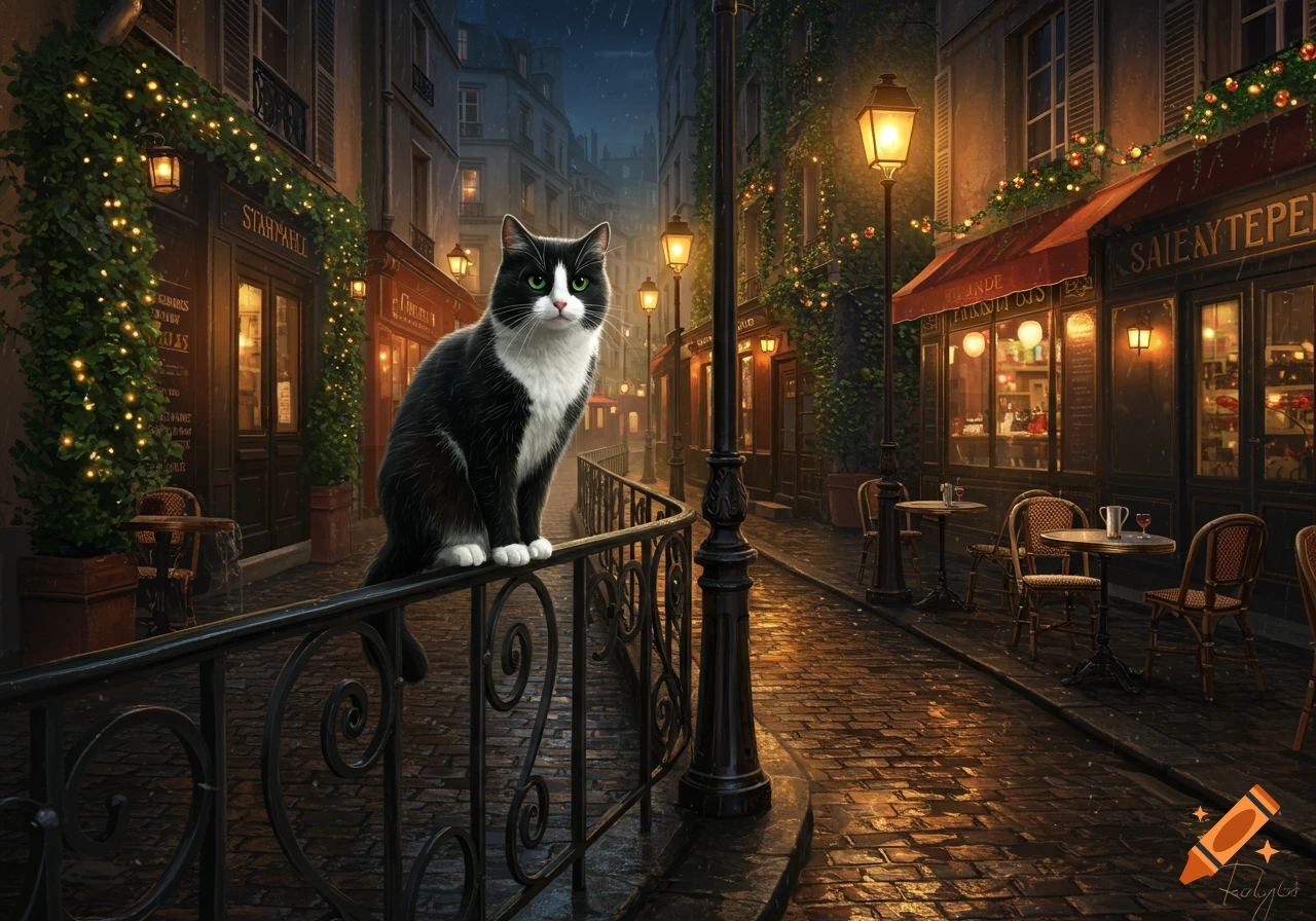 A black and white cat sits on a railing on a wet cobblestone street lined with glowing Parisian cafes at night.