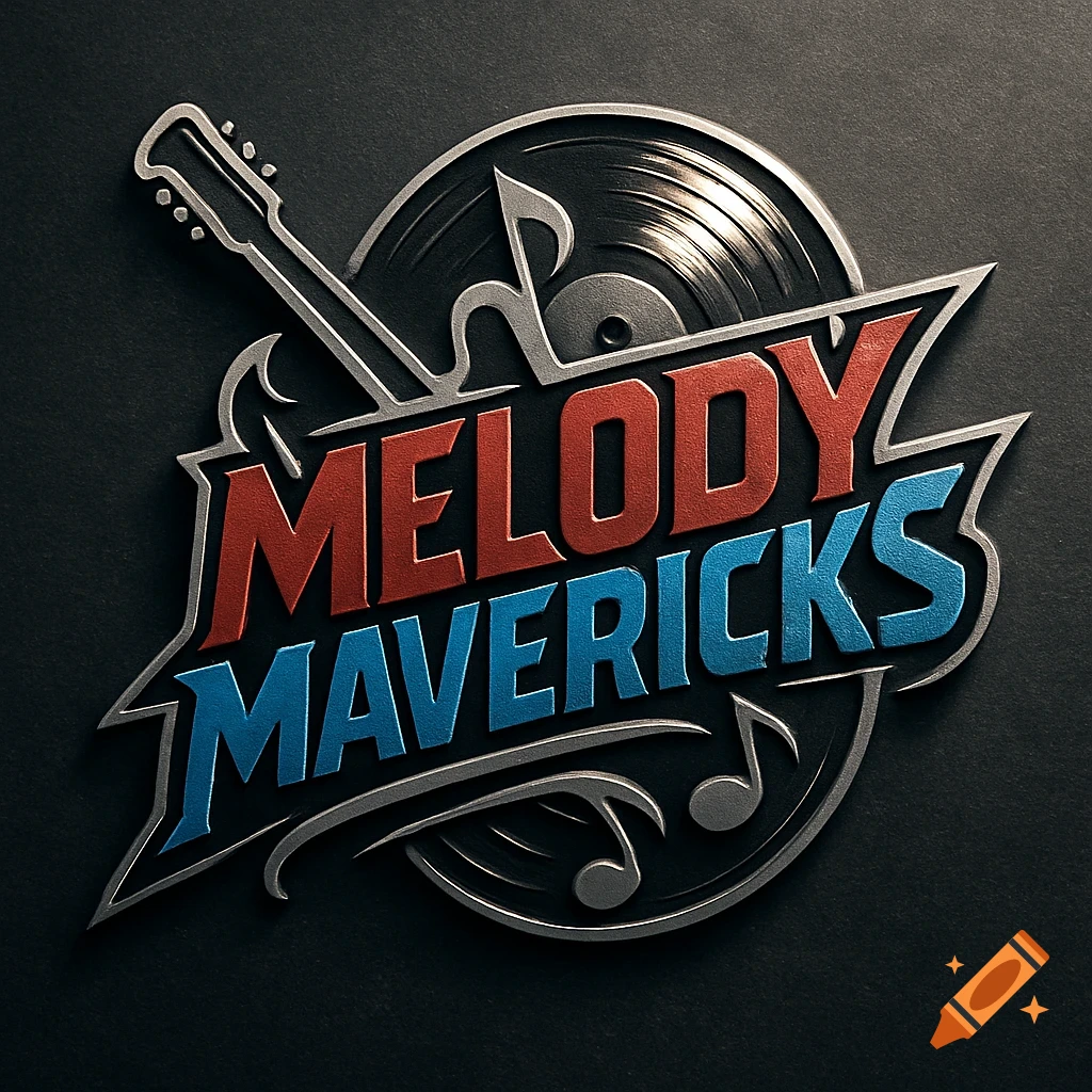 3D rendered pop rock band logo for 'Melody Mavericks' with a guitar, vinyl record, and musical notes on a dark background.