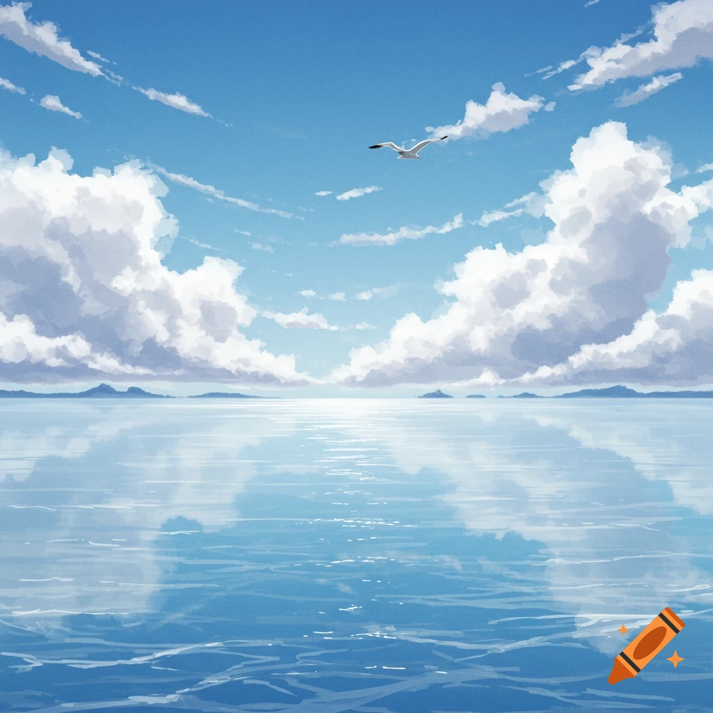 A serene seascape with a vast blue sky, fluffy white clouds, and calm water reflecting the sky, with a single seagull flying.
