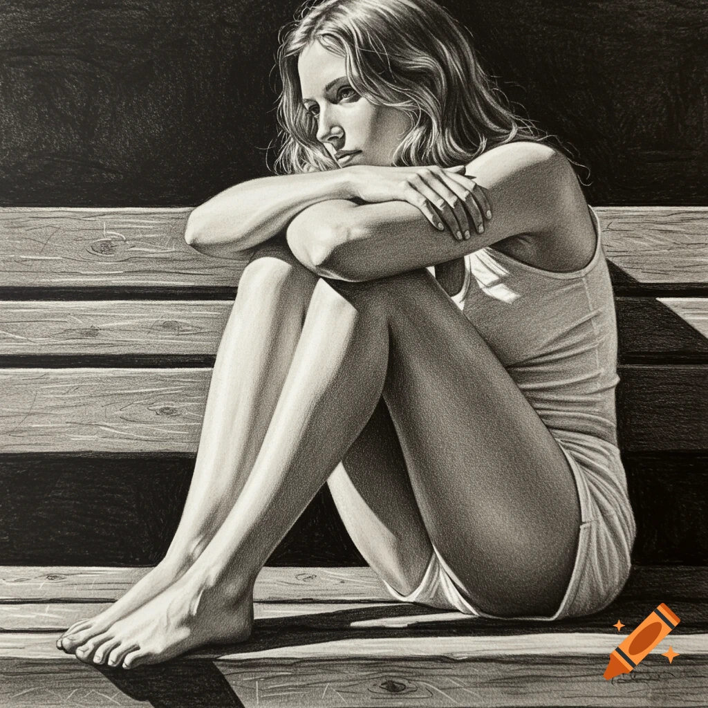 Detailed pencil and charcoal drawing of a barefoot woman sitting on a wooden bench, knees drawn up, gazing thoughtfully.