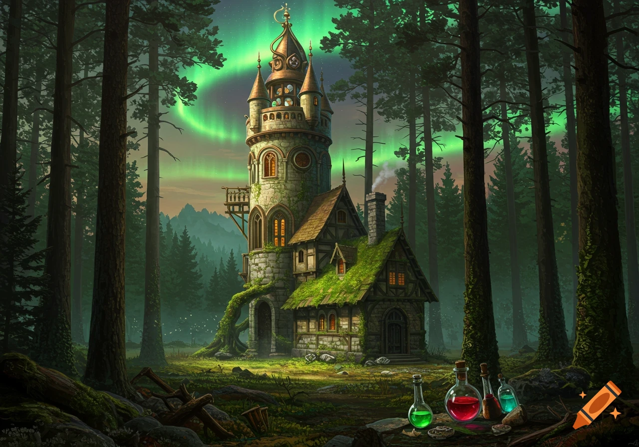 A detailed fantasy illustration of an alchemy tower and medieval cottage nestled in an enchanted forest under a green aurora borealis, with glowing potions in the foreground.