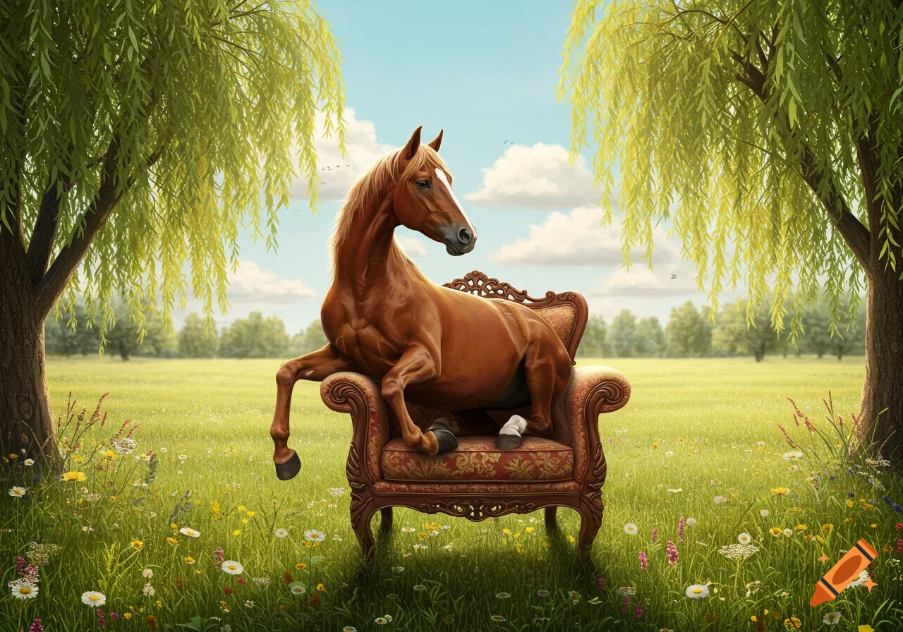 A brown horse sits on an ornate armchair in a vibrant green field with wildflowers and willow trees.