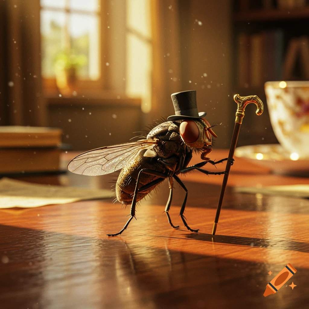A photorealistic image of a fly wearing a tiny black top hat and holding a golden-handled walking cane on a wooden table, in a sunlit room.