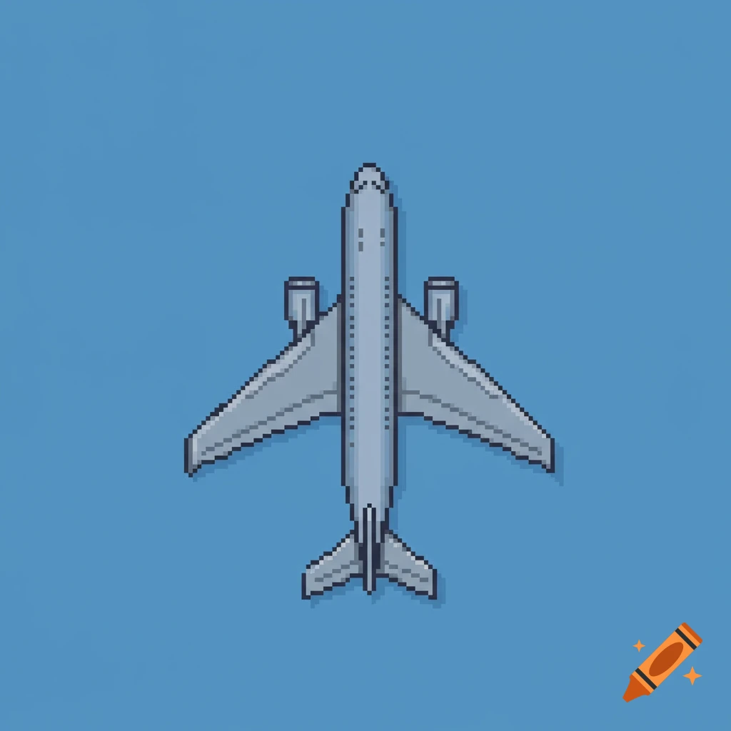 A grey pixel art airplane seen from above against a blue background.