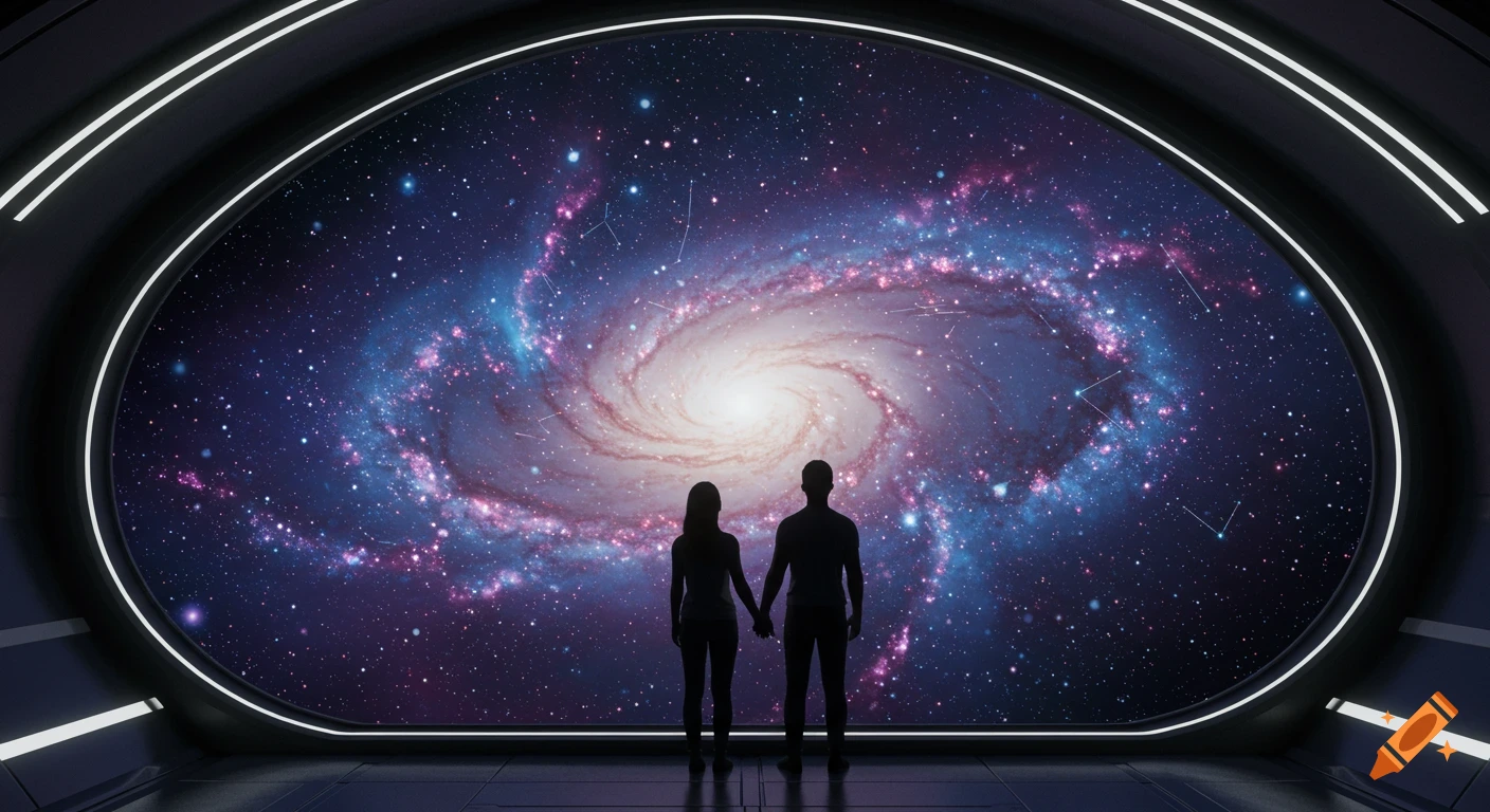 Silhouettes of a couple holding hands look out a large spaceship window at a vibrant galaxy.